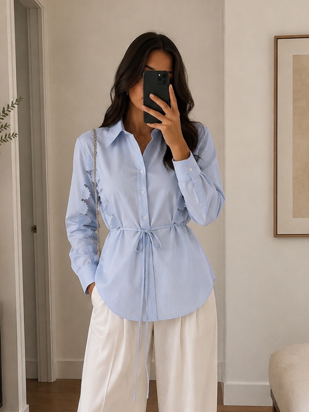 Stella McCartney Embroidered Long Shirt Light Blue Cotton Silk Size 44